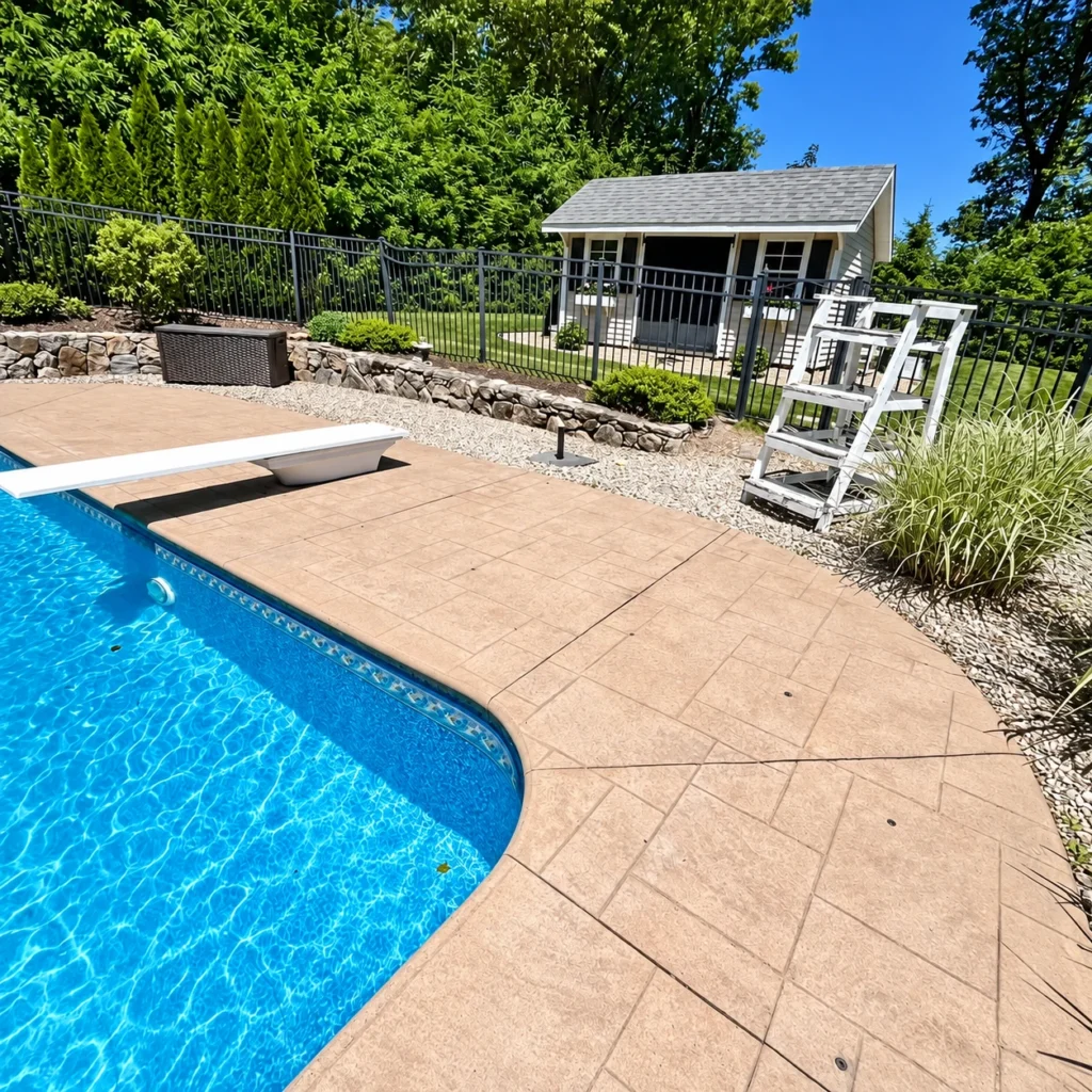 Swimming pool and paved patio beside a residential property