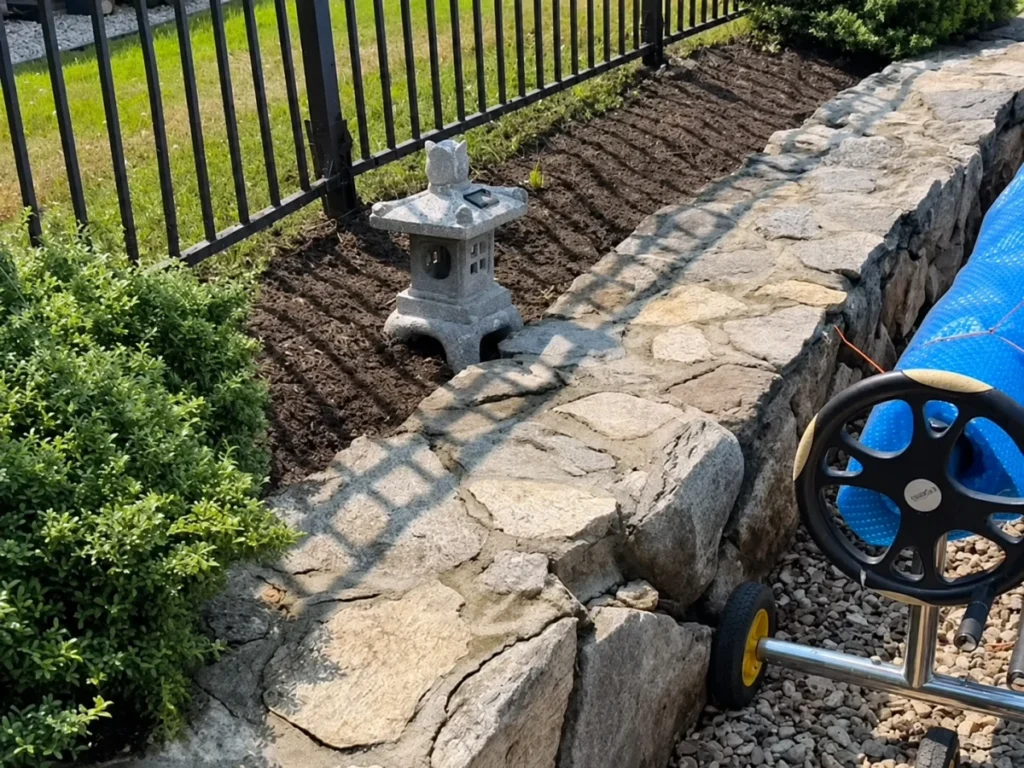 Stone retaining wall bordering a landscaped residential property