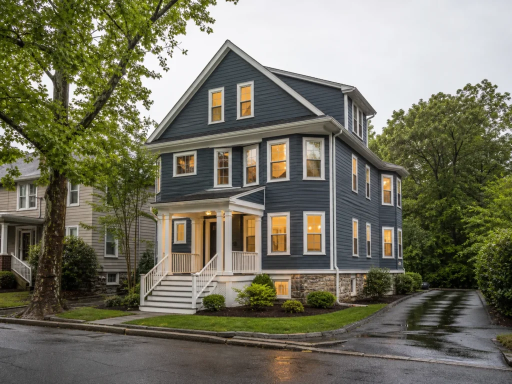 Representative New England residential property after light rain