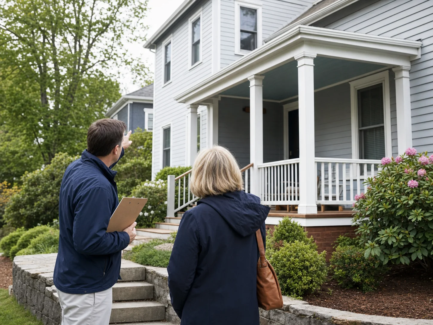 Property owner and professional reviewing the exterior condition of a residential property